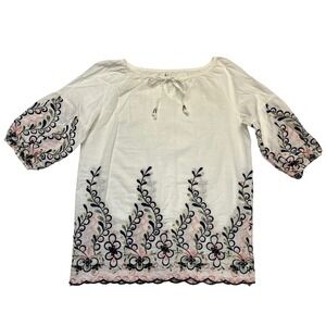 Kindred White Navy Floral Embroidered Cottagecore Boho Tunic Top Blouse Size M